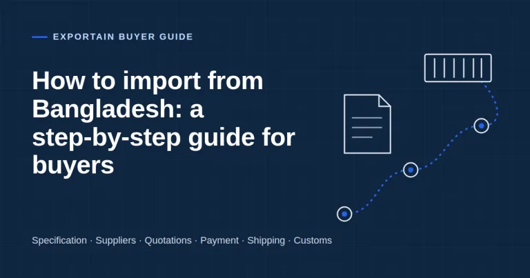 Navy title card: How to import from Bangladesh, a step-by-step guide for buyers, with document and container icons