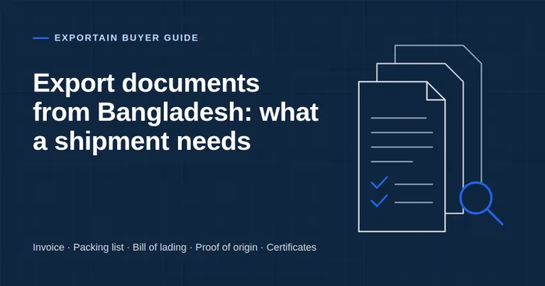 Navy title card: Export documents from Bangladesh, what a shipment needs, with stacked documents and a magnifier