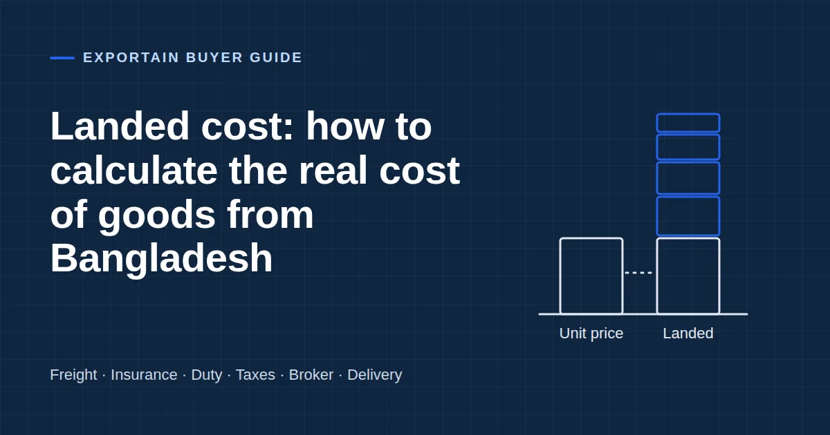 Navy title card: Landed cost, how to calculate the real cost of goods from Bangladesh, with a stacked cost column icon