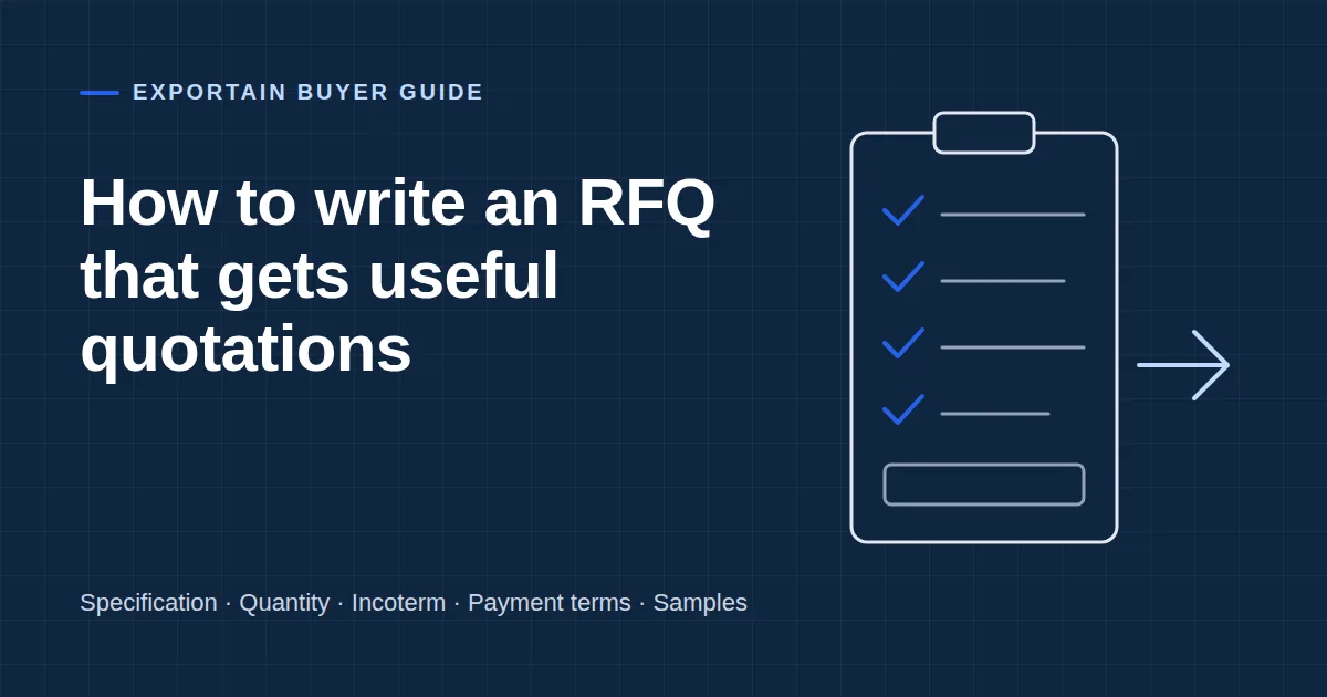 Navy title card: How to write an RFQ that gets useful quotations, with a checklist clipboard and arrow