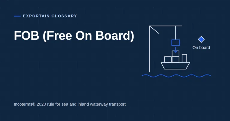 Navy title card: FOB (Free On Board), with a crane lowering a container onto a ship and an On board marker