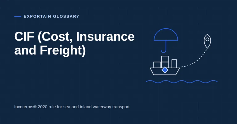 Navy title card: CIF (Cost, Insurance and Freight), with a ship, an umbrella for insurance and a route to a destination pin