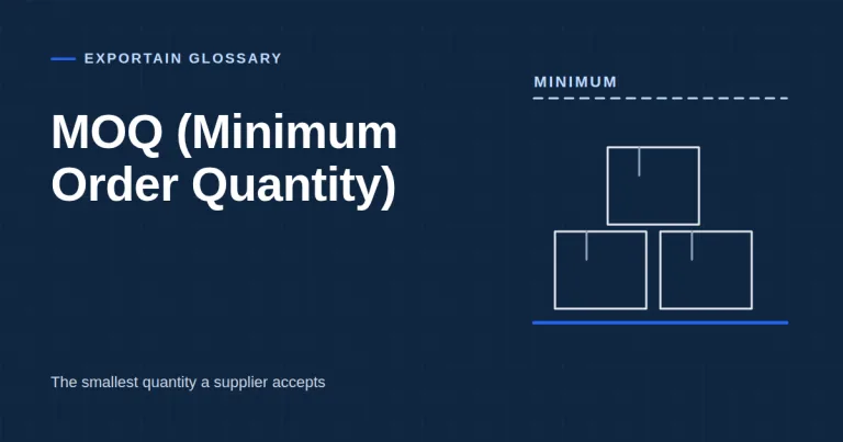 Navy title card for the glossary term MOQ (Minimum Order Quantity), with stacked cartons below a minimum line