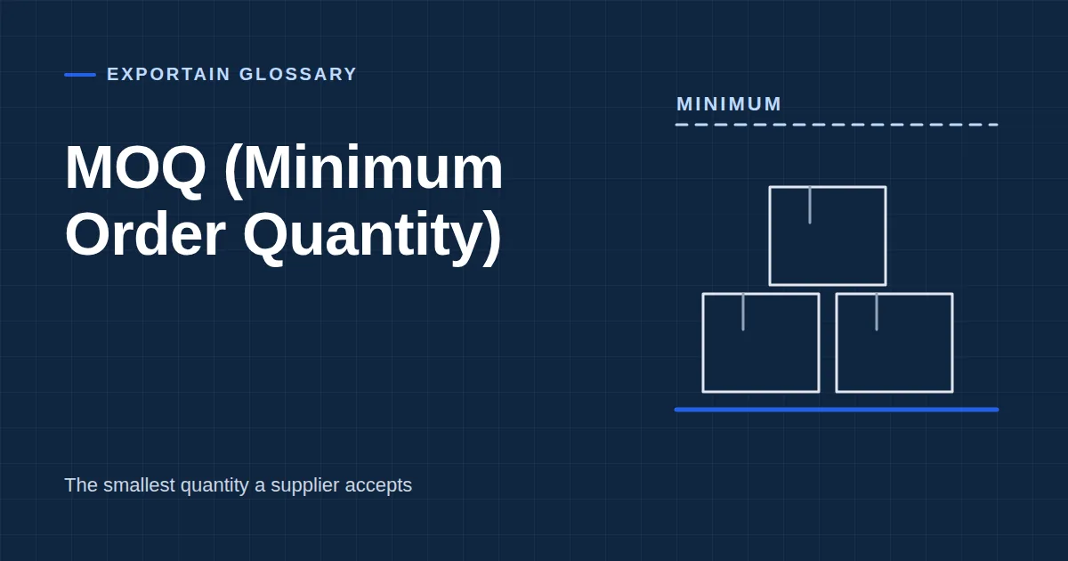 Navy title card for the glossary term MOQ (Minimum Order Quantity), with stacked cartons below a minimum line