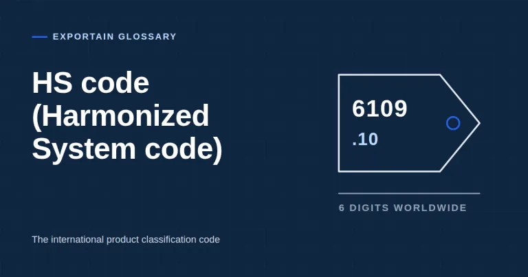 Navy title card for the glossary term HS code (Harmonized System code), with a tag showing 6109.10