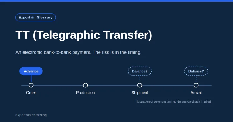 Navy title card: TT (Telegraphic Transfer), with an order-to-arrival timeline marking an advance and possible balance points