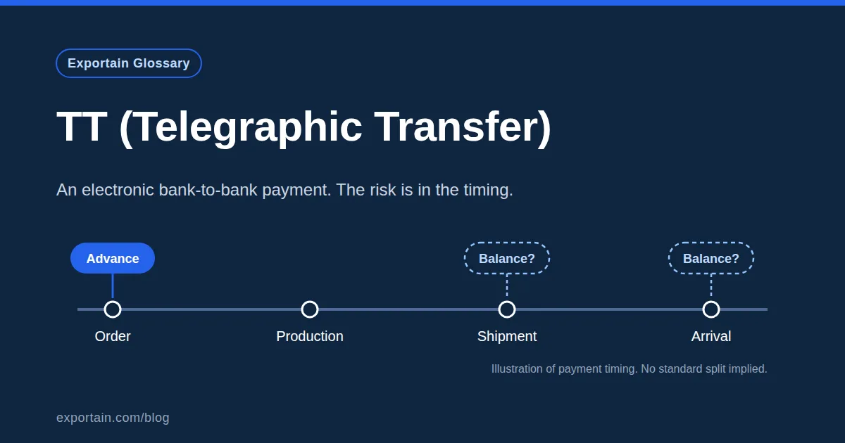 Navy title card: TT (Telegraphic Transfer), with an order-to-arrival timeline marking an advance and possible balance points
