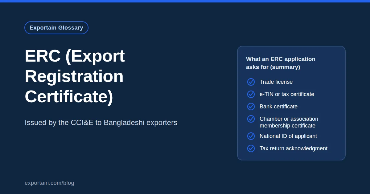 Navy title card: ERC (Export Registration Certificate), with a summary checklist of documents an ERC application asks for