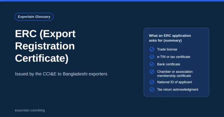Navy title card: ERC (Export Registration Certificate), with a summary checklist of documents an ERC application asks for
