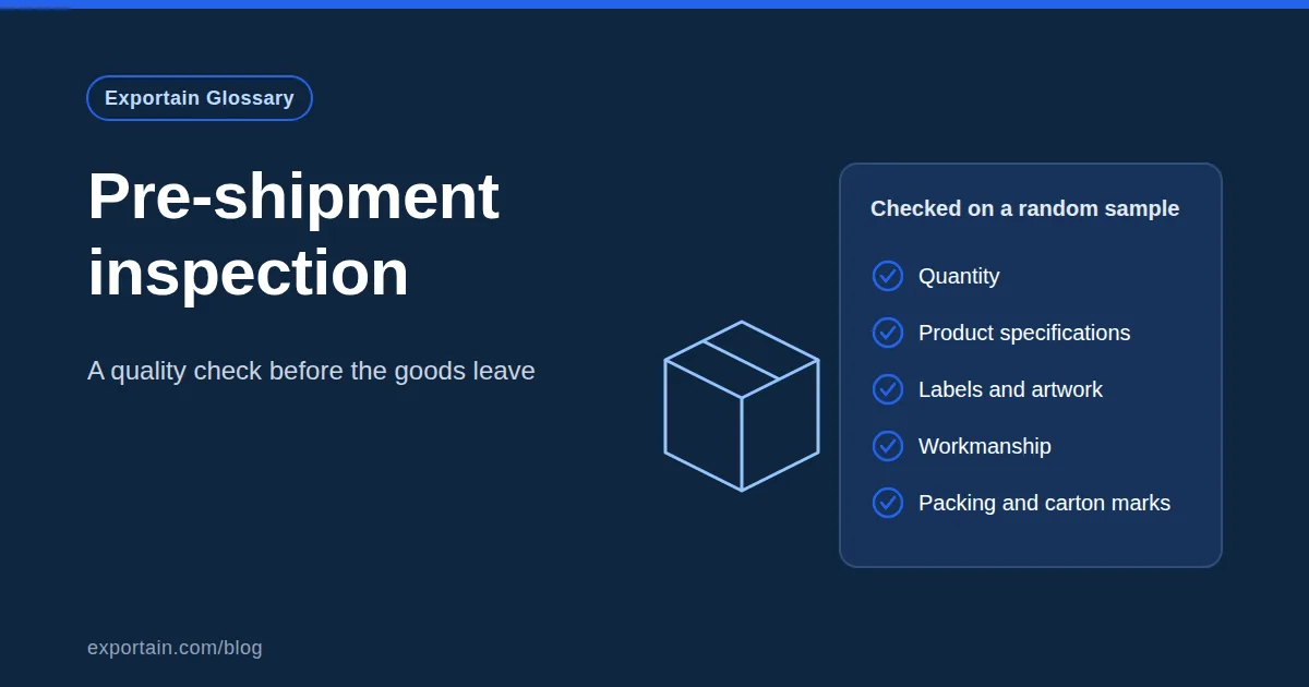 Navy title card: Pre-shipment inspection, with a carton outline and a checklist of items inspectors check