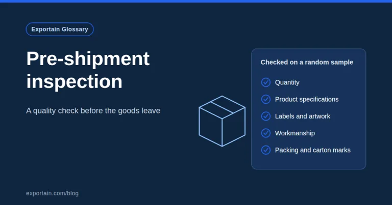 Navy title card: Pre-shipment inspection, with a carton outline and a checklist of items inspectors check